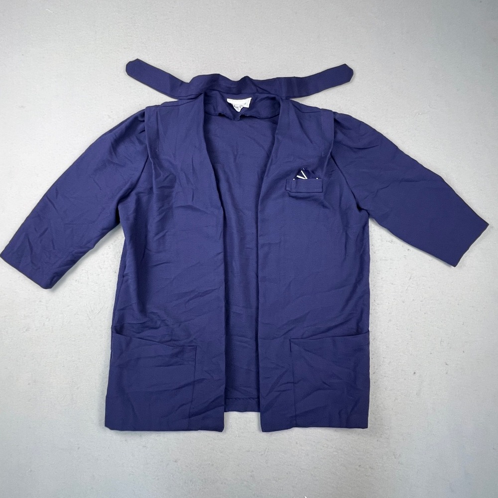 Miss Dorby Open Front Jacket Womens Large Navy Blue Tie Neck Vintage Layering